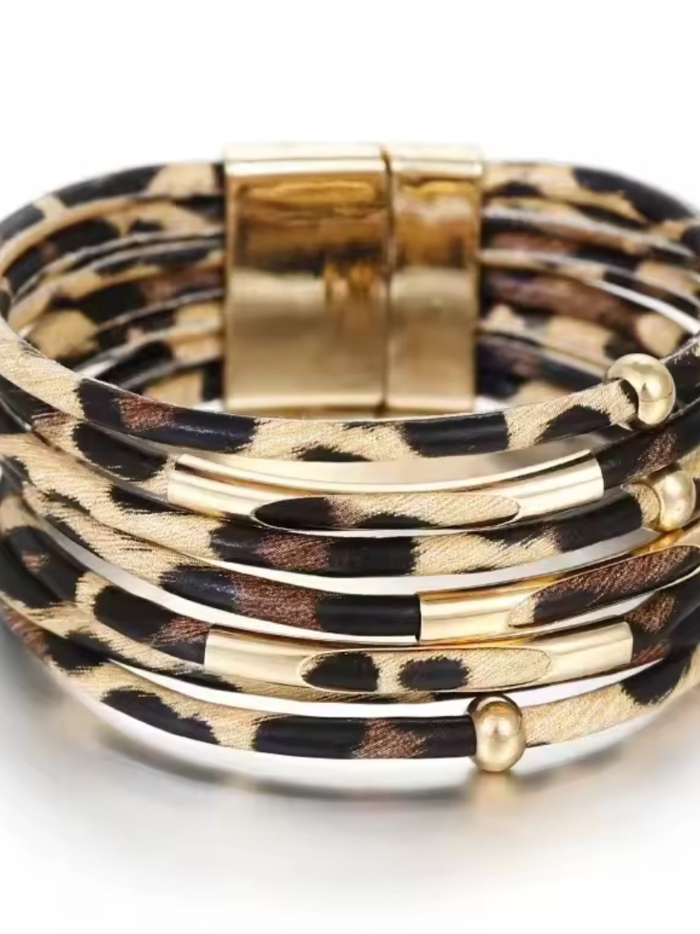 Leopard Print Multi-Wrap Leather Bracelet with Gold Beads B04-03 - Picture 4 of 9
